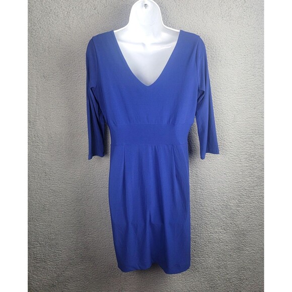 Clara Sun Woo Faux Wrap Blue Stretch Knit Dress S Travel Friendly Classic Style - Picture 4 of 12